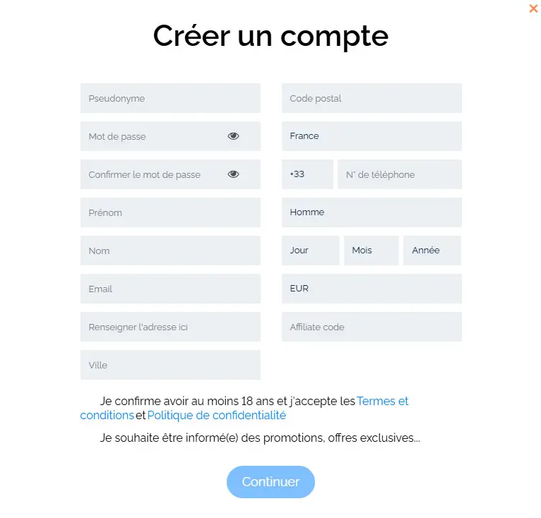 Processus d'inscription WINORAMA CASINO